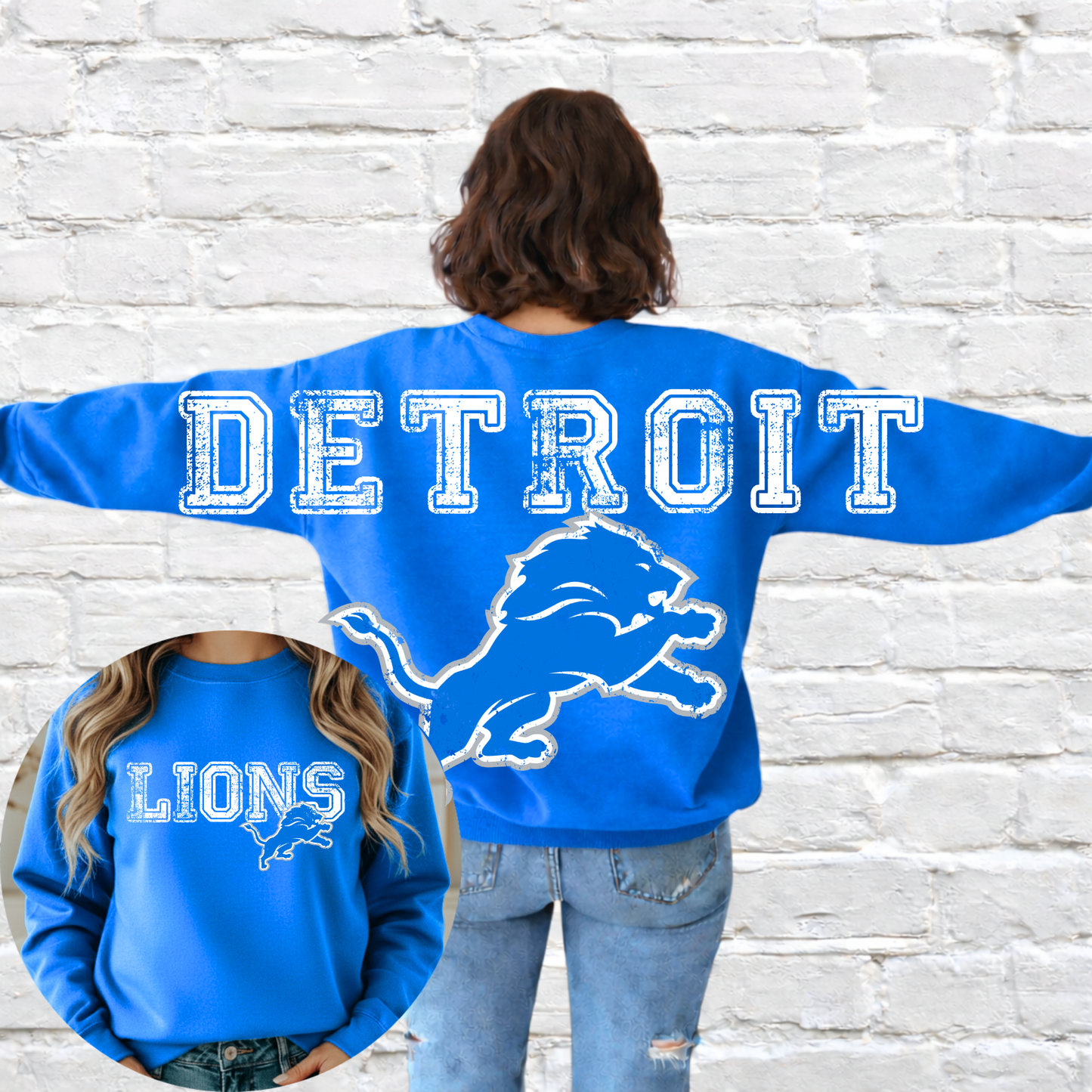 Detroit Football - Big Across The Back Crewneck Distressed Lettering
