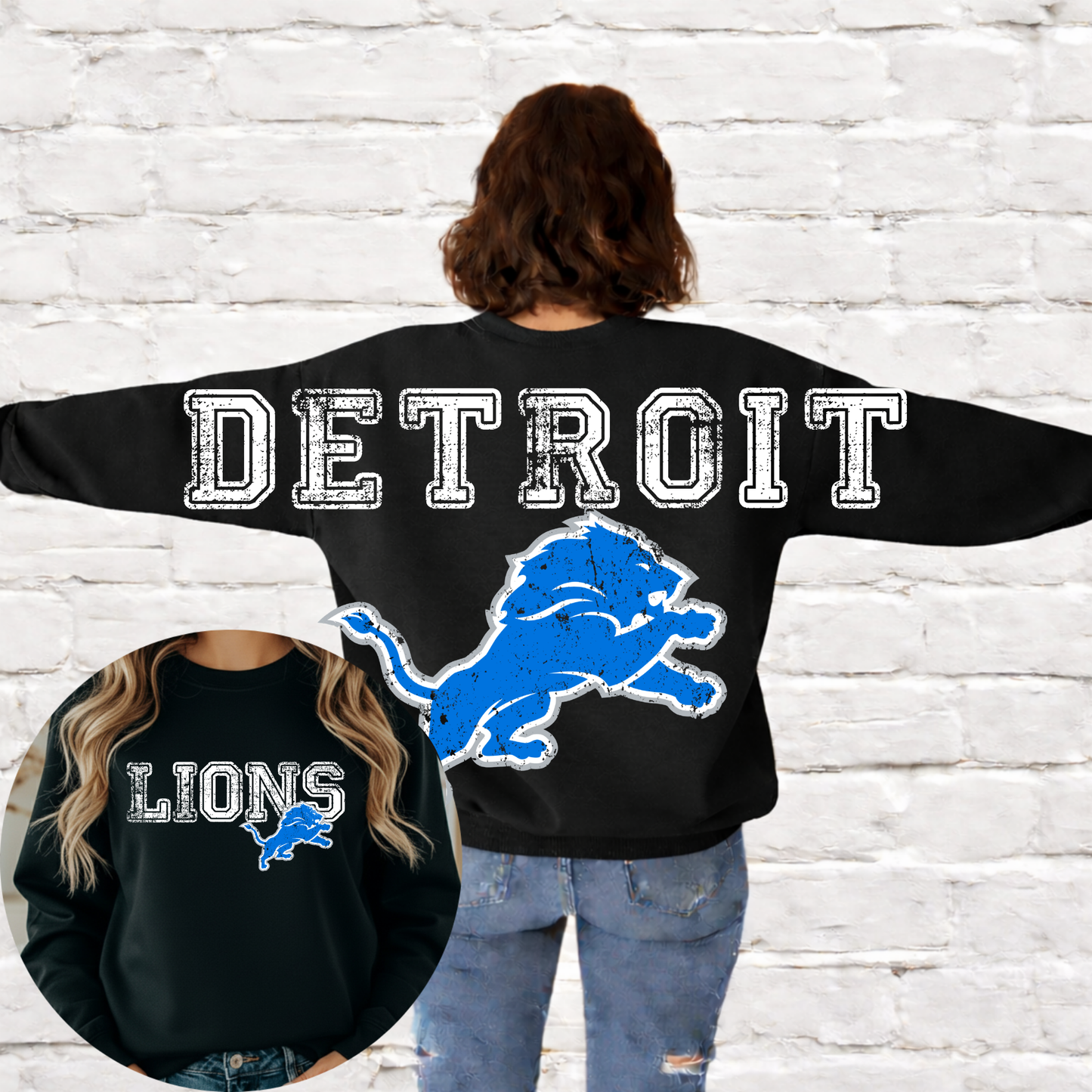 Detroit Football - Big Across The Back Crewneck Distressed Lettering (Copy)