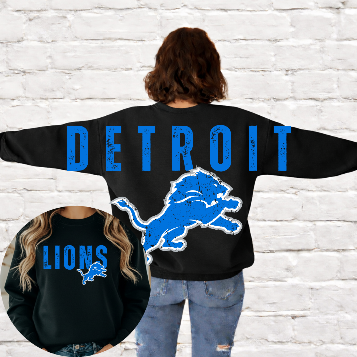 Detroit Football - Big Across The Back Crewneck Grunge Block Lettering