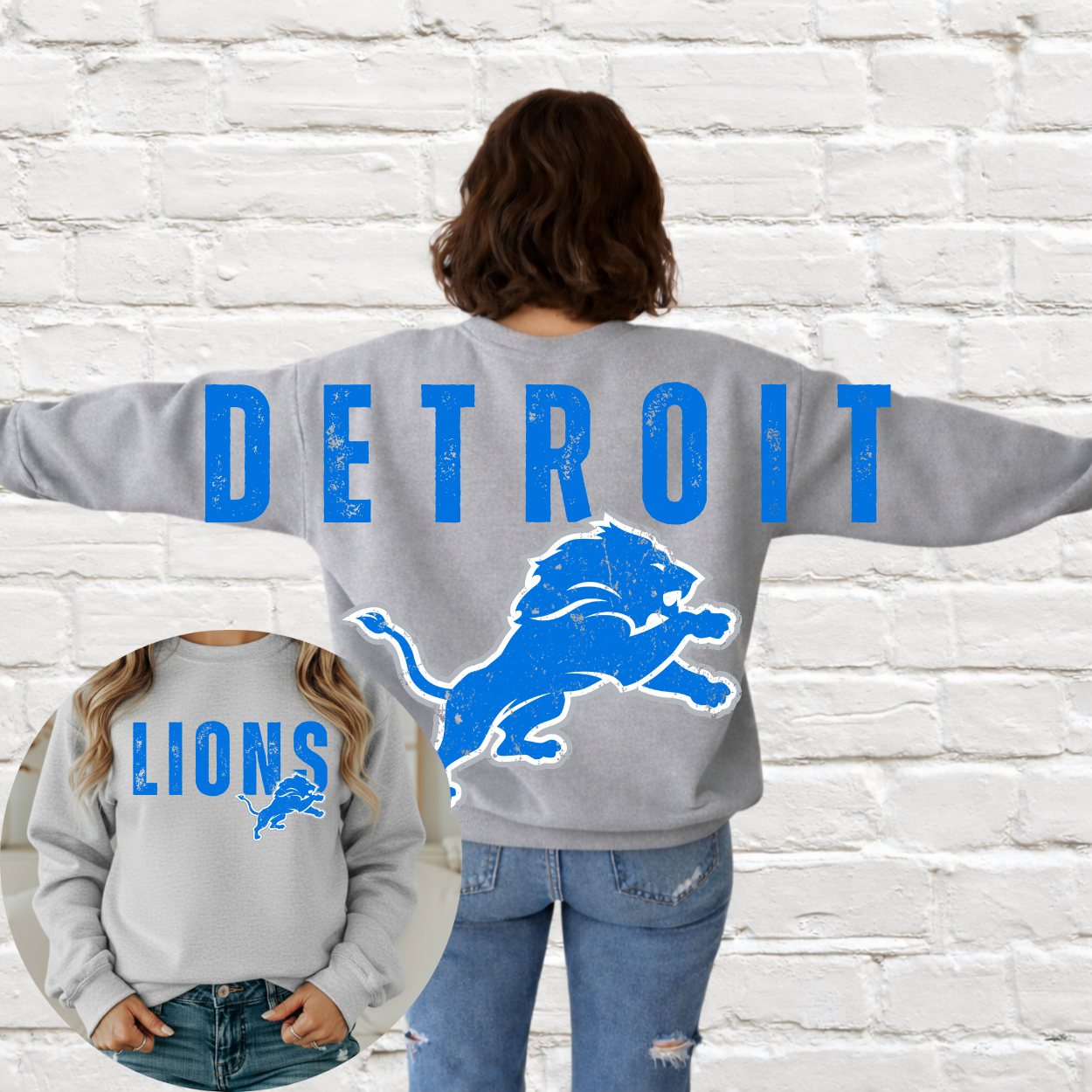 Detroit Football - Big Across The Back Crewneck Grunge Block Lettering