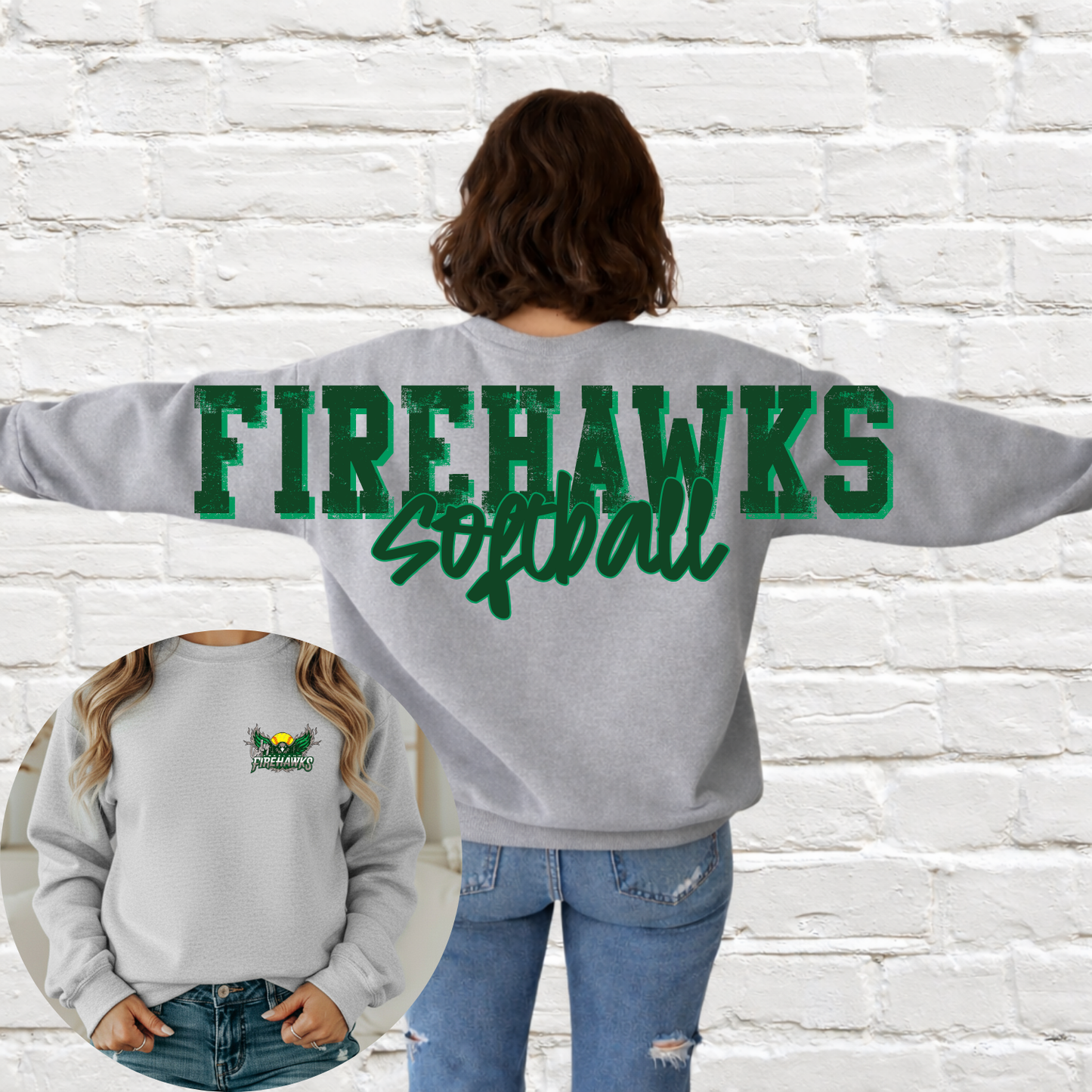 Lady Firehawks SOFTBALL - Big Across The Back Crewneck ATHLETIC GRAY (Youth & Adult)