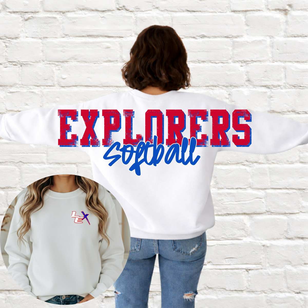 Lady Explorers SOFTBALL - Big Across The Back Crewneck WHITE (Youth & Adult)