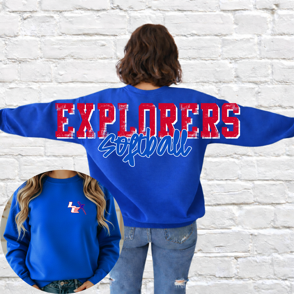 Lady Explorers SOFTBALL - Big Across The Back Crewneck ROYAL BLUE (Youth & Adult)