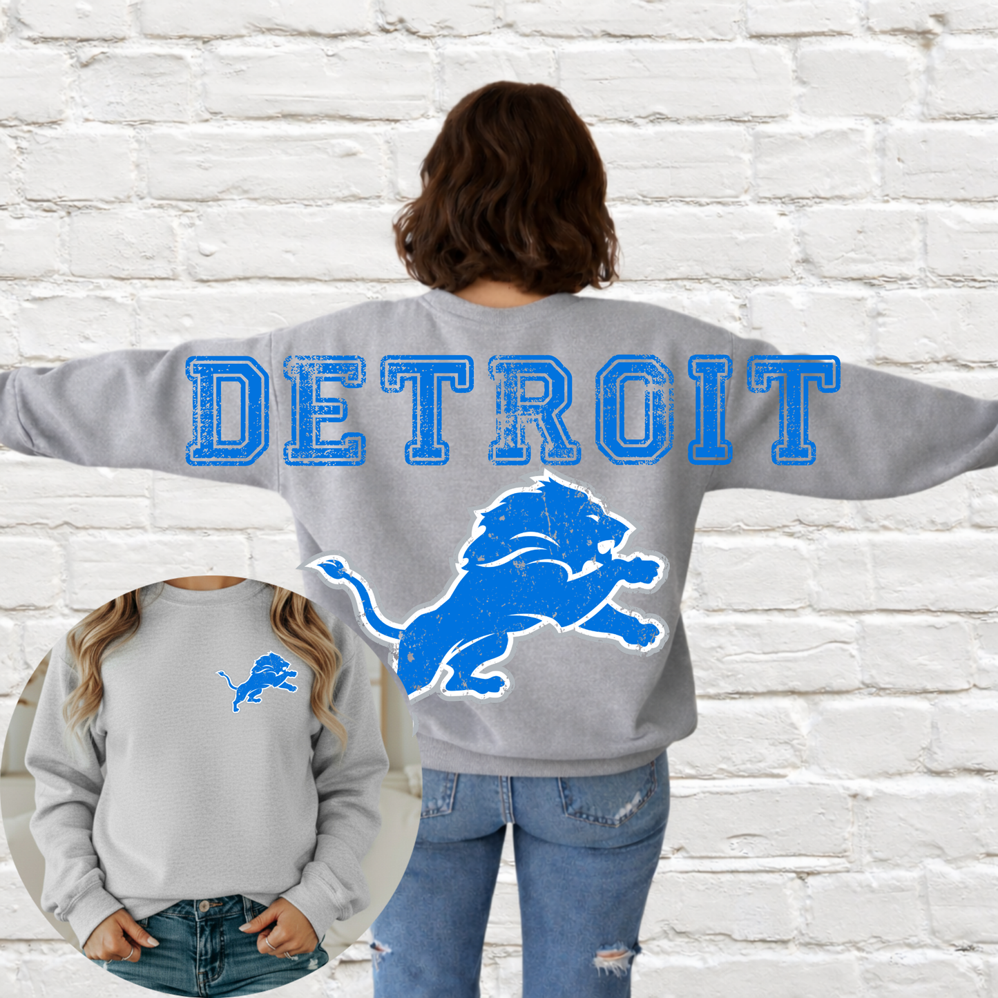 Detroit Football - Big Across The Back Crewneck Distressed Lettering