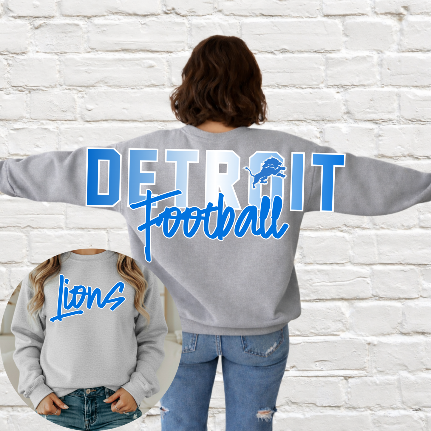 Detroit Football - Big Across The Back Crewneck Ombre Lettering