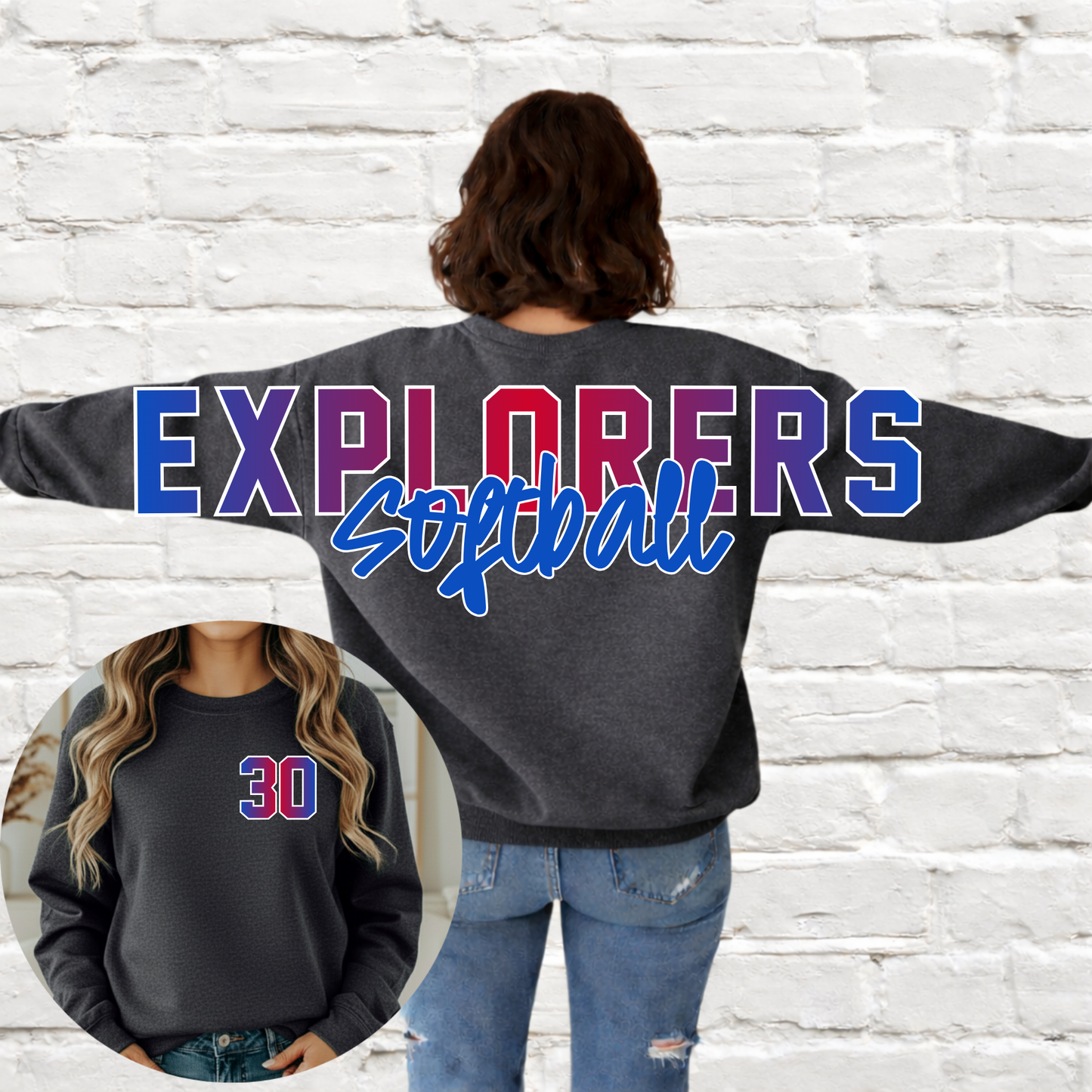 Lady Explorers SOFTBALL - Big Across The Back Crewneck Ombre Lettering (Youth & Adult)