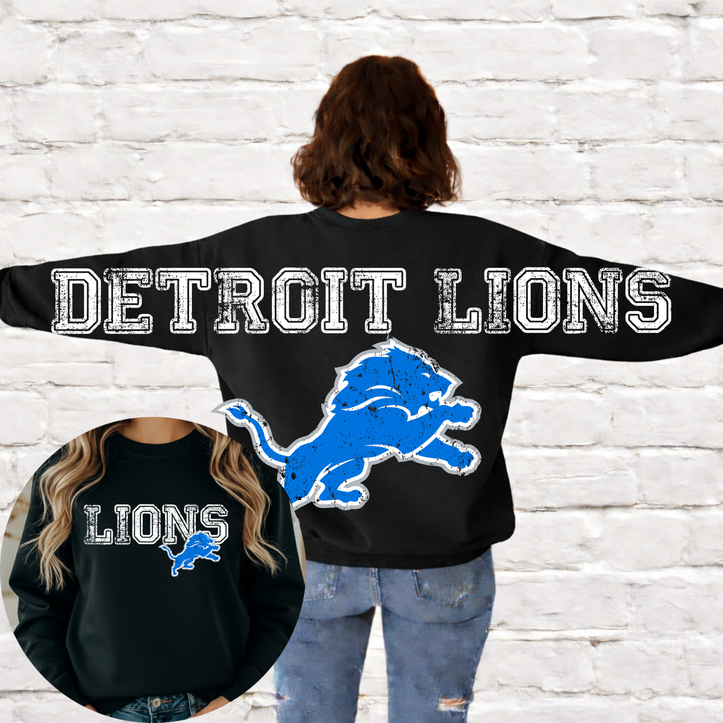 Detroit Football - Big Across The Back Crewneck Distressed Lettering