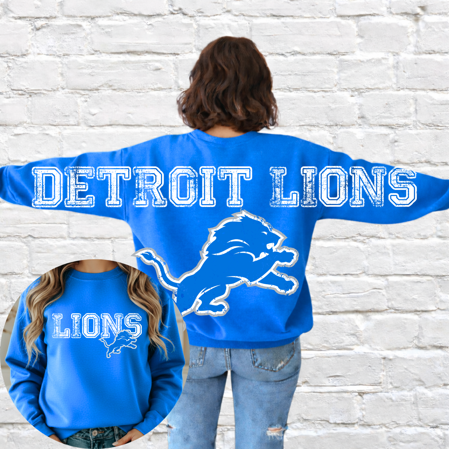 Detroit Football - Big Across The Back Crewneck Distressed Lettering