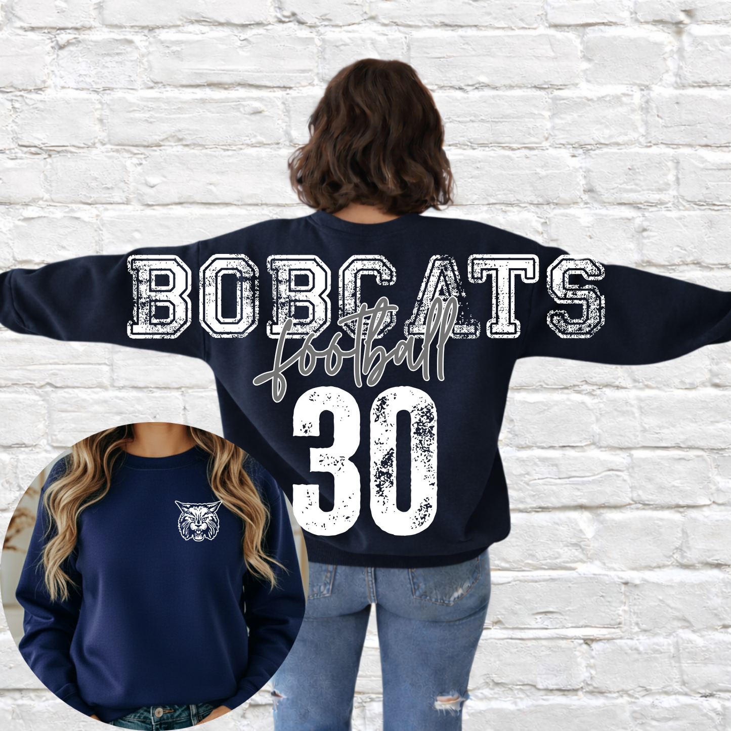 Bobcat Football - Big Across The Back Crewneck (Navy)