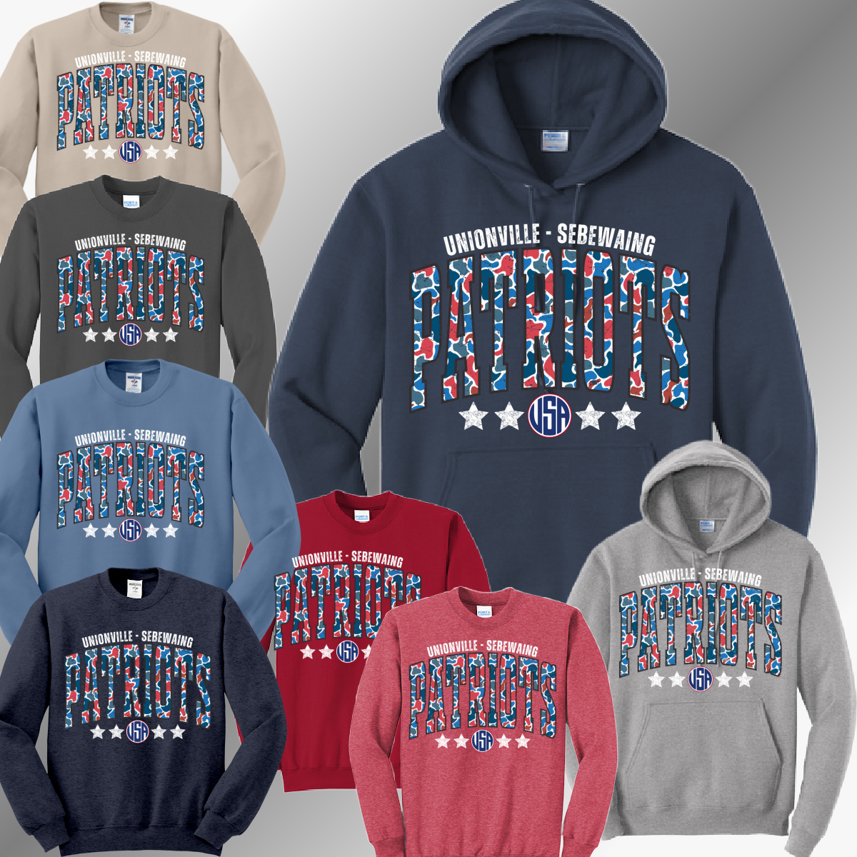 Unionville Sebewaing USA Patriots - Camo Print Basic Sweatshirt (Adult)
