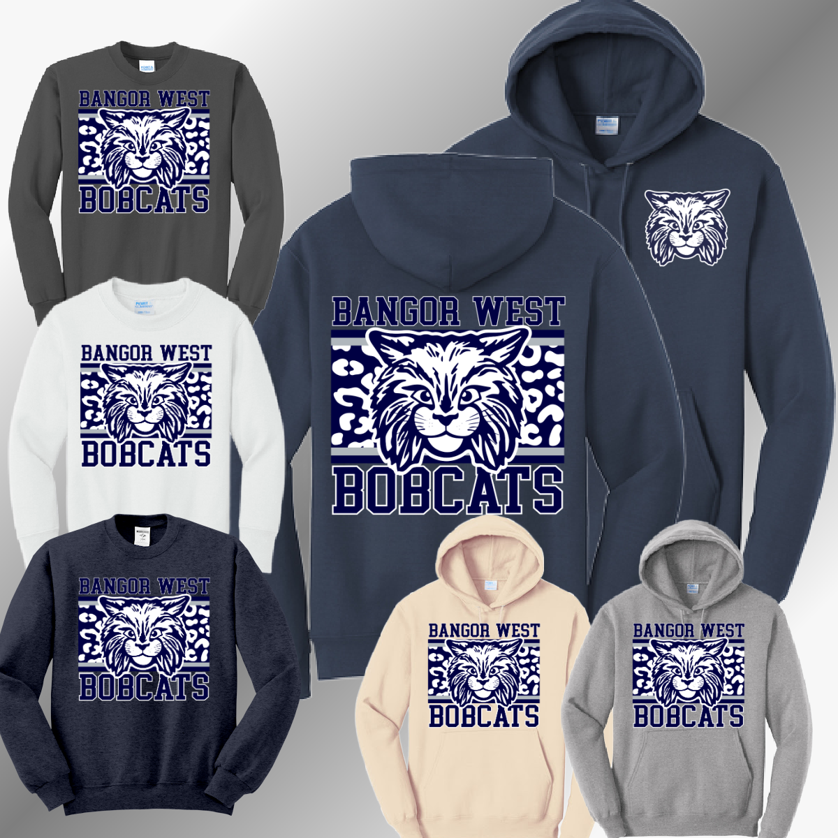 Bangor JR. Bobcats - Leopard Background Basic Sweatshirt YOU CHOOSE THE SCHOOL (Adult)
