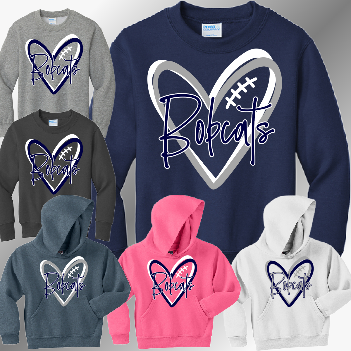 Bobcat Football - Football Doodle Heart Basic Sweatshirt (Youth)