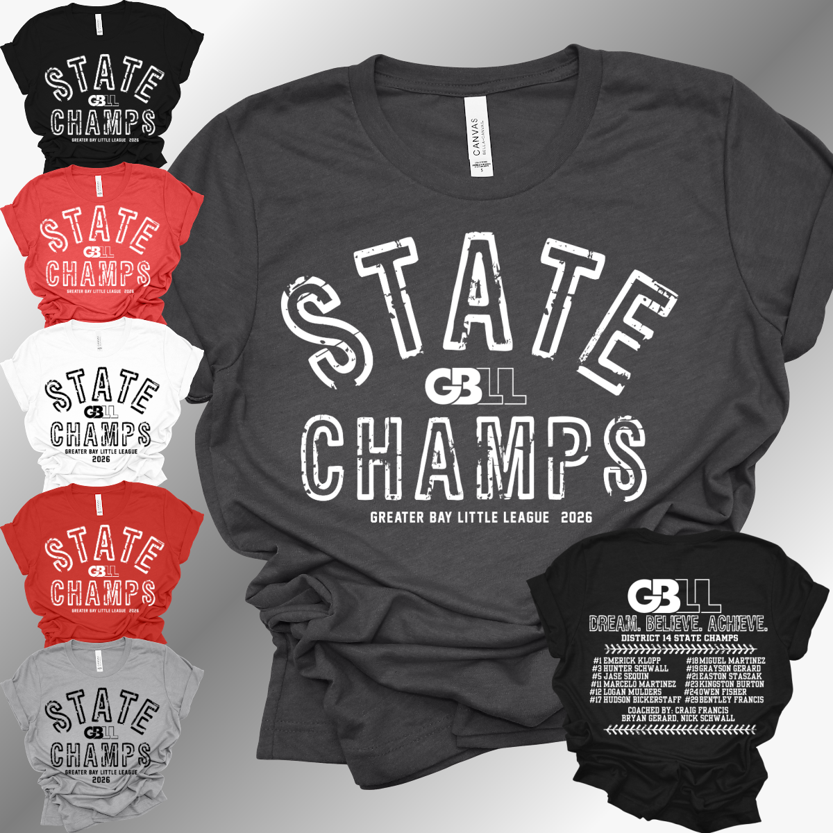 GBLL 2026 12U State Champs - Bella Canvas Tee (Toddler, Youth, Adult, V Neck)