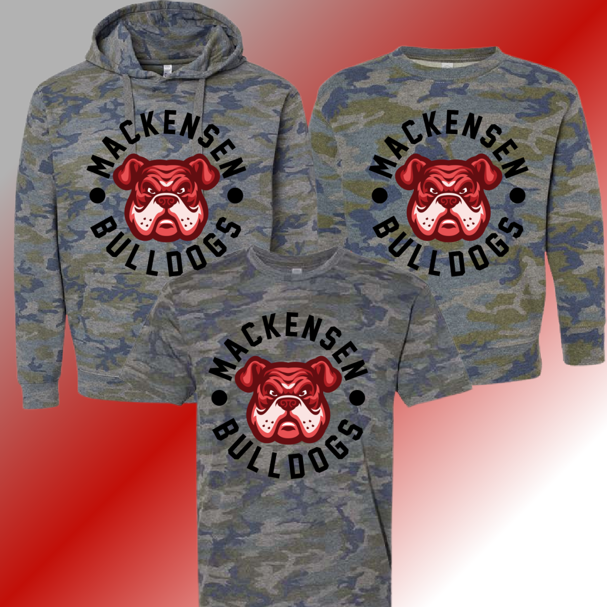 Mackensen Bulldogs - Camouflage Round NEW Logo Tee & Sweatshirt (Youth & Adult) - MADE TO ORDER/TWO WEEKS