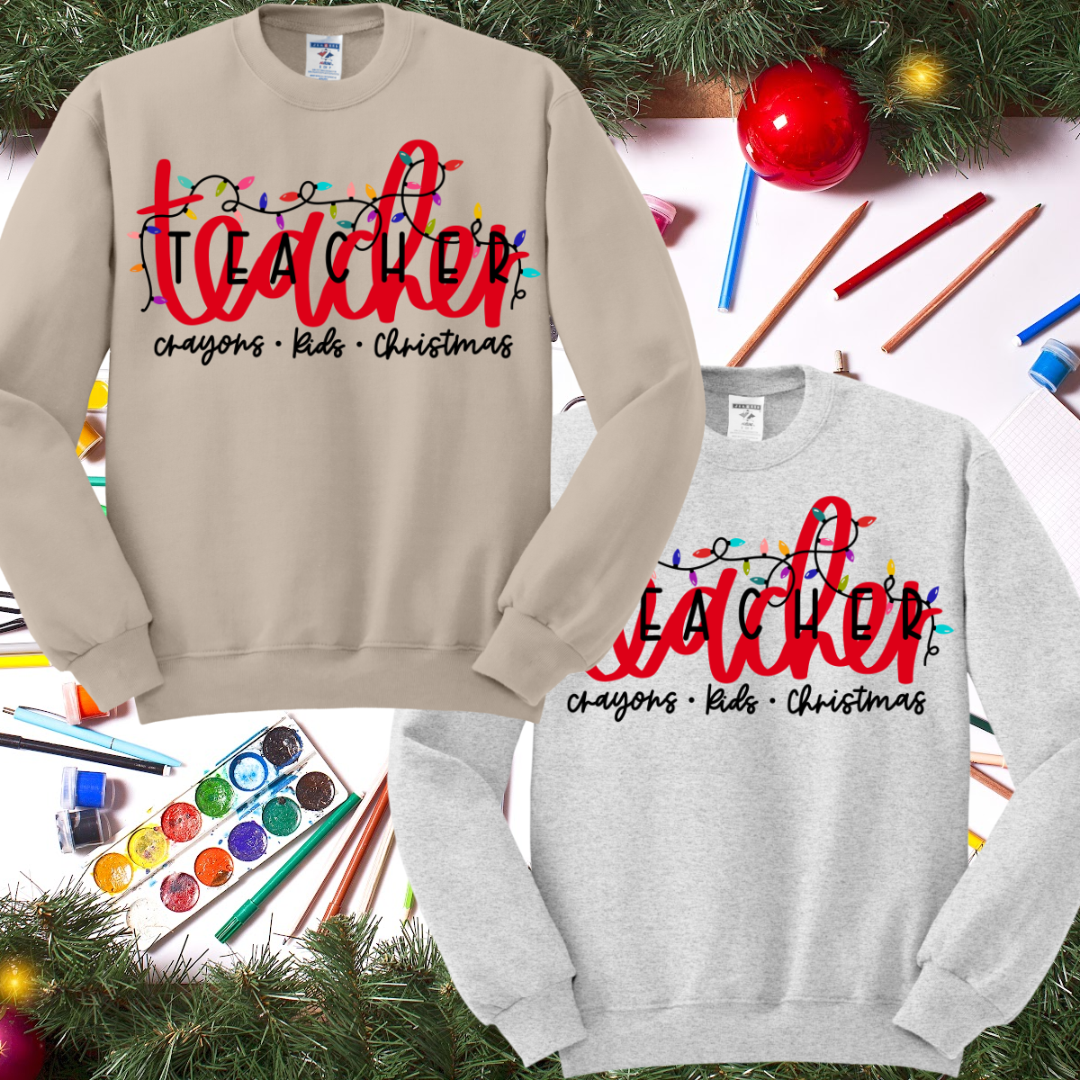 Teacher with Lights, Crayons Kids Christmas (Tee or Sweatshirt)