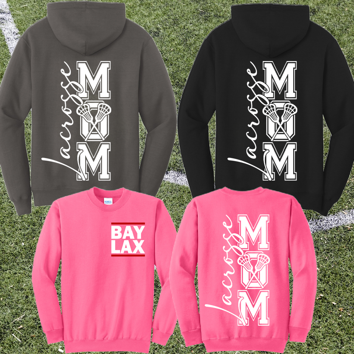 Bay Lax Lacrosse Mom Basic Crew or Hoodie (White Ink)