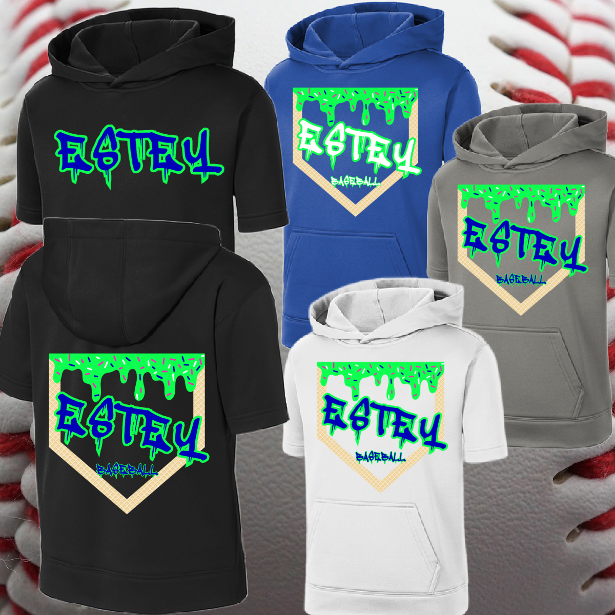 Estey Baseball - Homeplate Ice Cream Drip SHORT Sleeve Performance Hoodie
