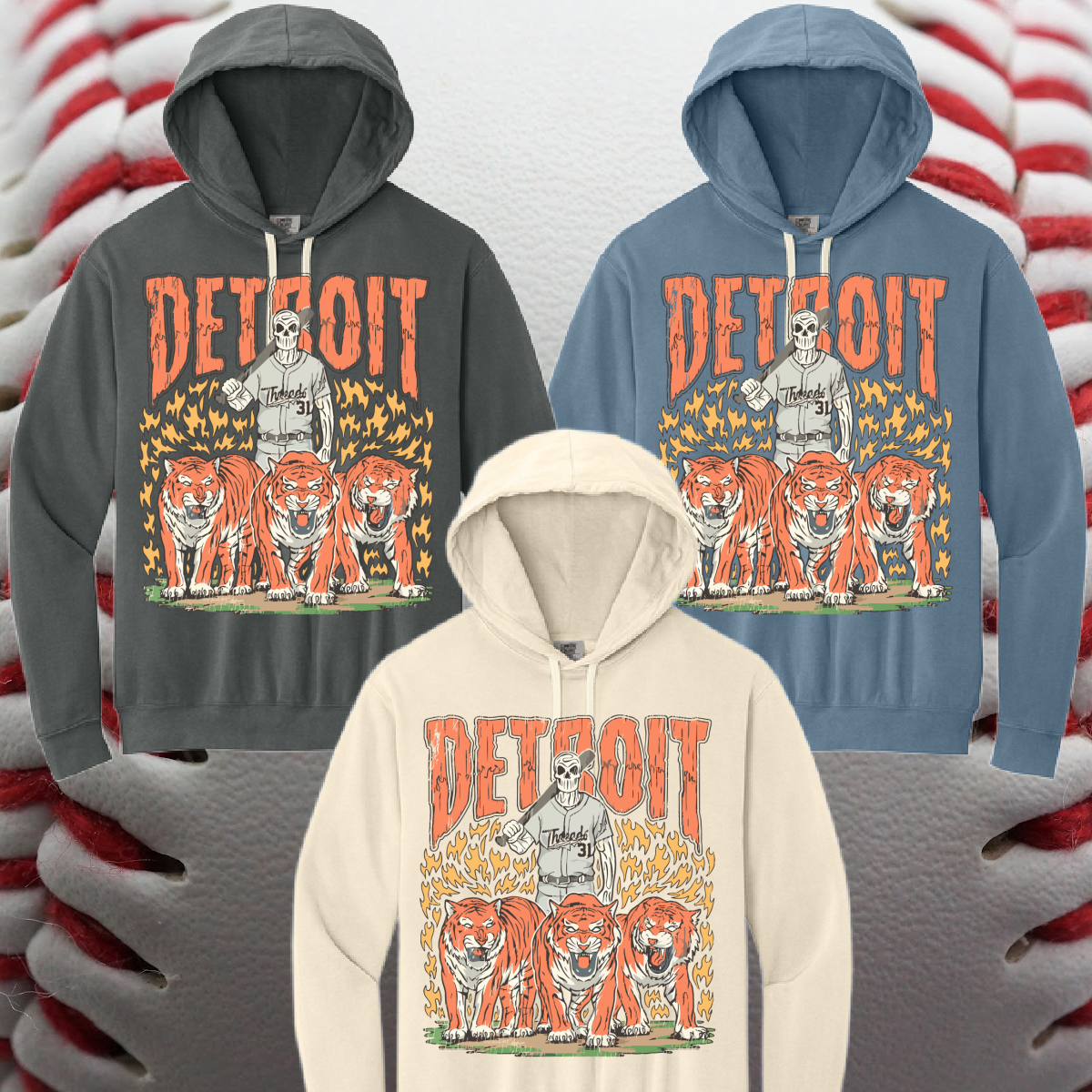 Detroit Baseball Skeleton Comfort Colors Hoodie (Adult)