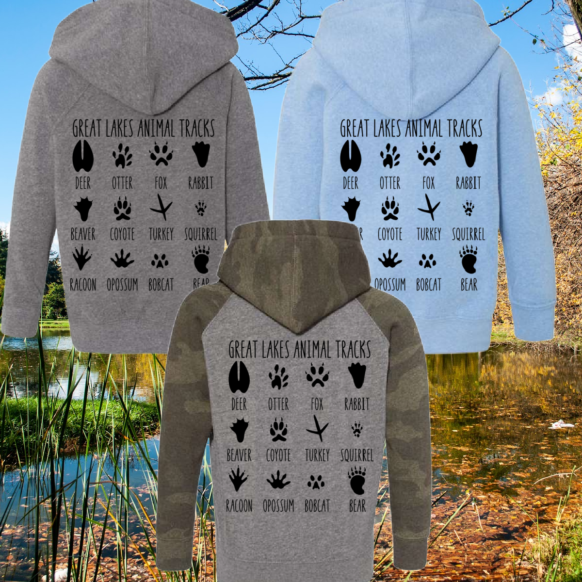 Great Lakes Boys - Great Lakes Animal Tracks Collage Premium Hooded Sweatshirt (Toddler, Youth & Adult)