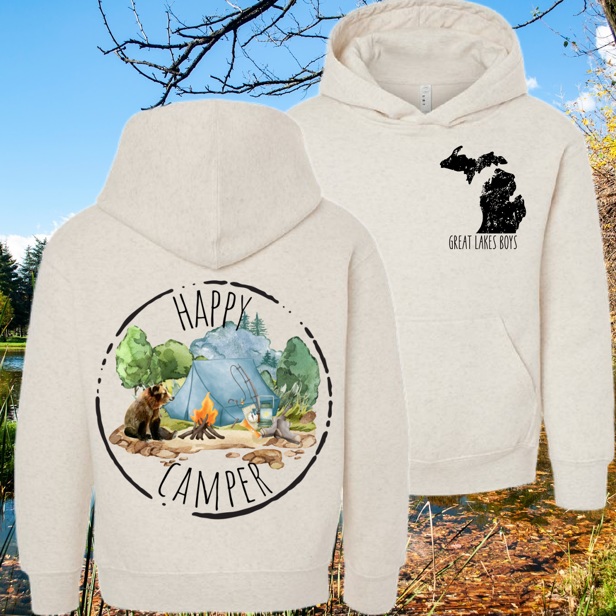 Great Lakes Boys - Happy Camper Bear Hooded Sweatshirt (Toddler, Youth & Adult)