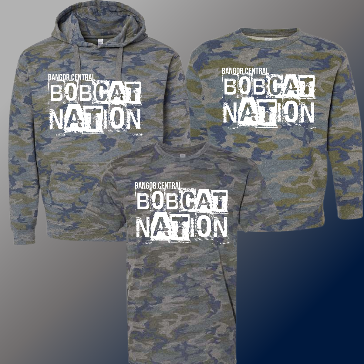 Bangor Central Bobcats - Camouflage Distressed Block Tee & Sweatshirt