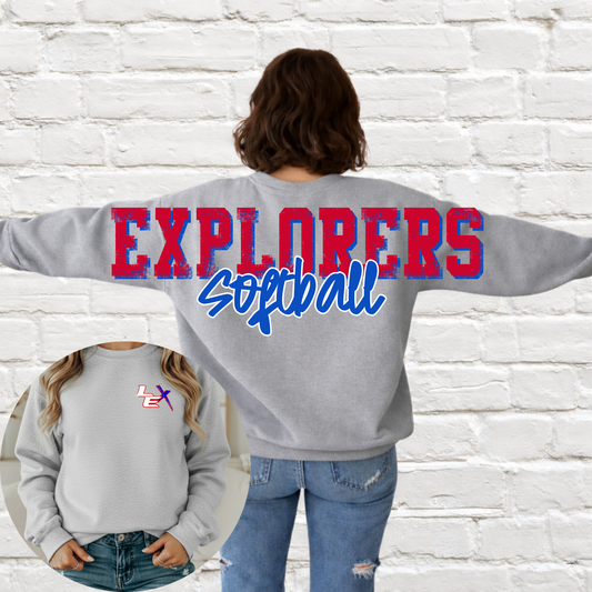 Lady Explorers SOFTBALL - Big Across The Back Crewneck ATHLETIC GRAY (Youth & Adult)