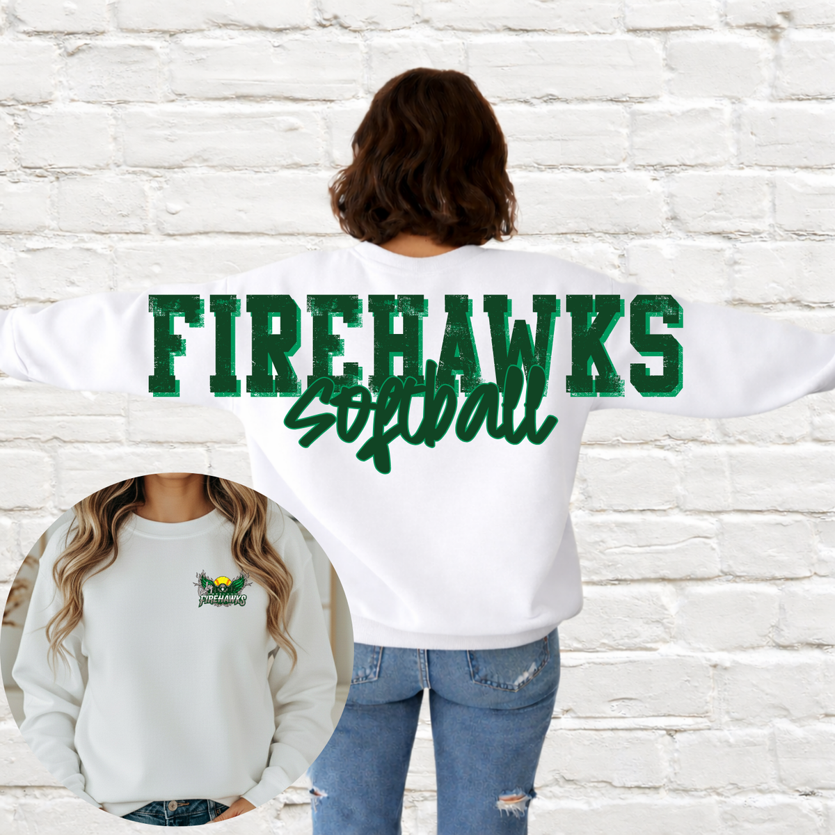 Lady Firehawks SOFTBALL - Big Across The Back Crewneck WHITE (Youth & Adult)