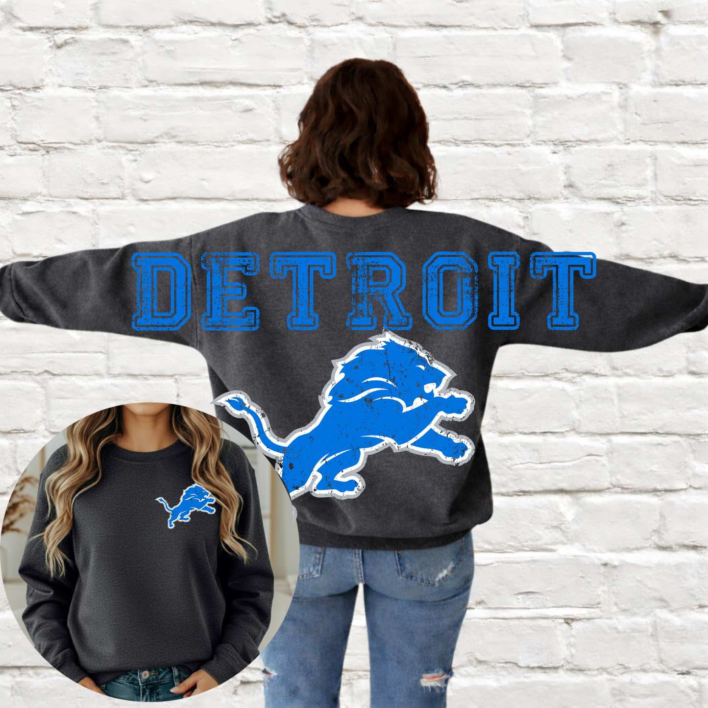 Detroit Football - Big Across The Back Crewneck Distressed Lettering