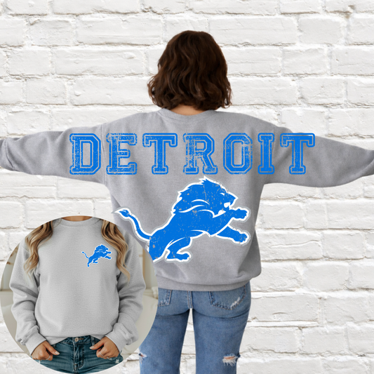Detroit Football - Big Across The Back Crewneck Distressed Lettering