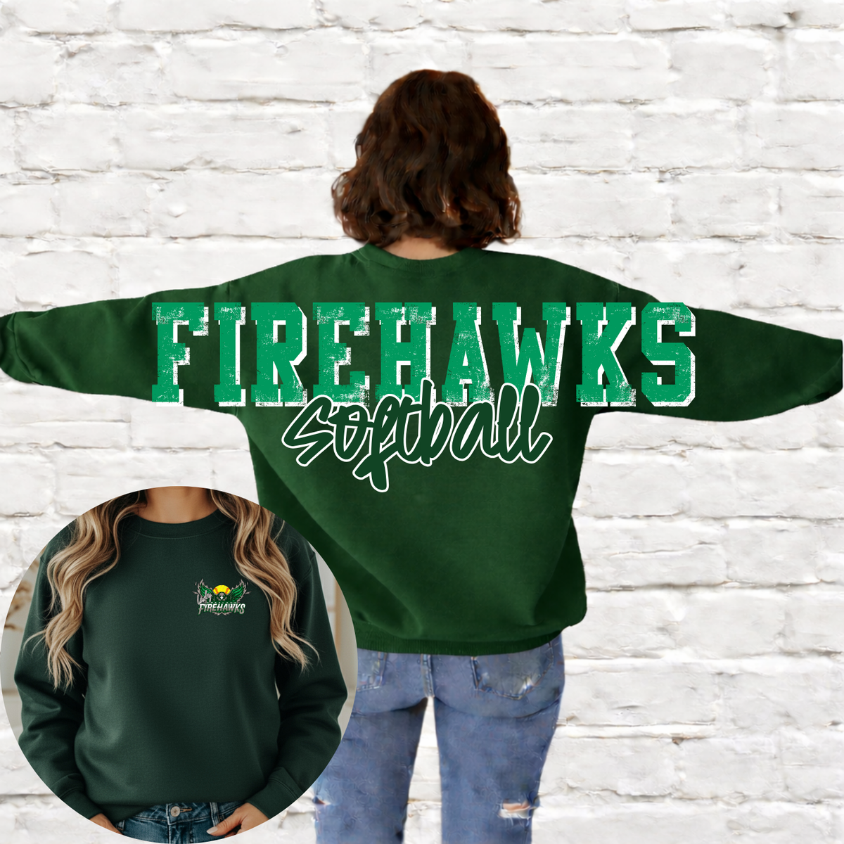 Lady Firehawks SOFTBALL - Big Across The Back Crewneck FOREST GREEN (Youth & Adult)