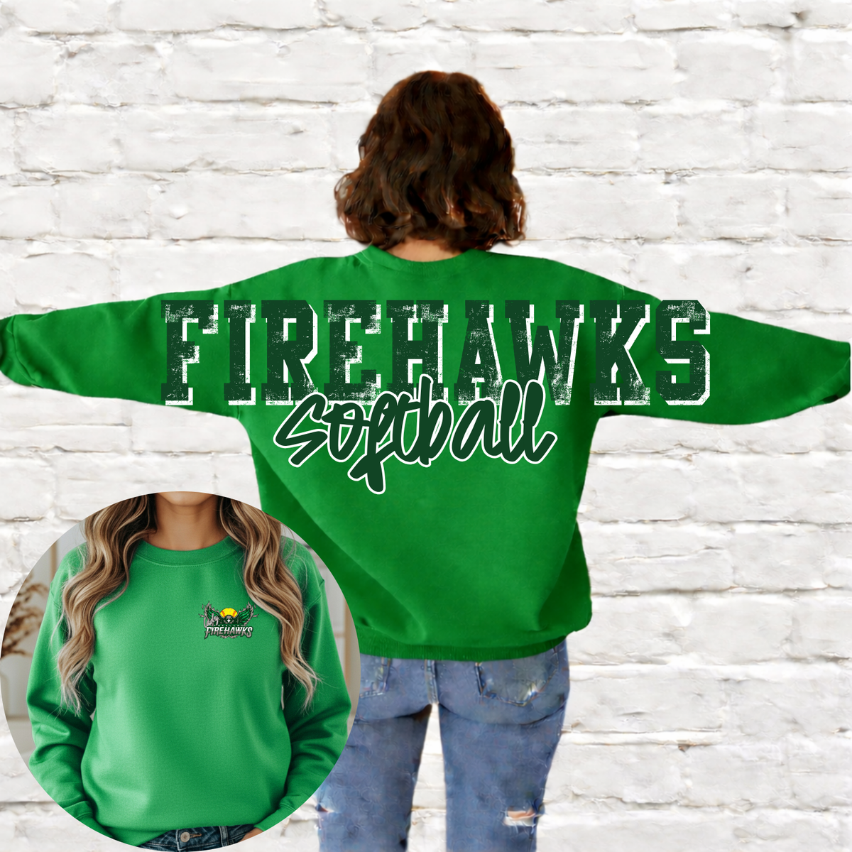 Lady Firehawks SOFTBALL - Big Across The Back Crewneck KELLY GREEN (Youth & Adult)