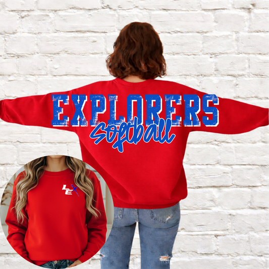 Lady Explorers SOFTBALL - Big Across The Back Crewneck RED (Youth & Adult)