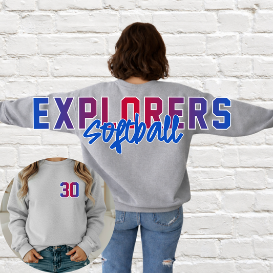 Lady Explorers SOFTBALL - Big Across The Back Crewneck Ombre Lettering (Youth & Adult)
