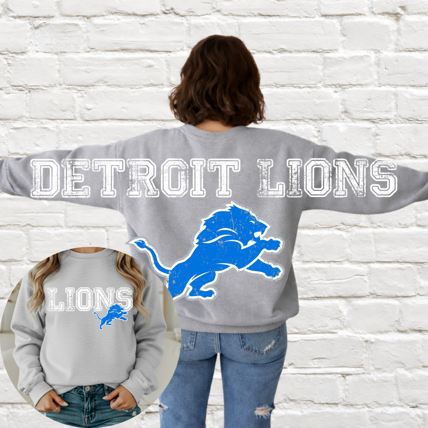 Detroit Football - Big Across The Back Crewneck Distressed Lettering