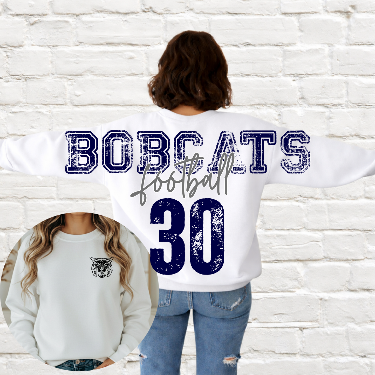 Bobcat Football - Big Across The Back Crewneck (White)
