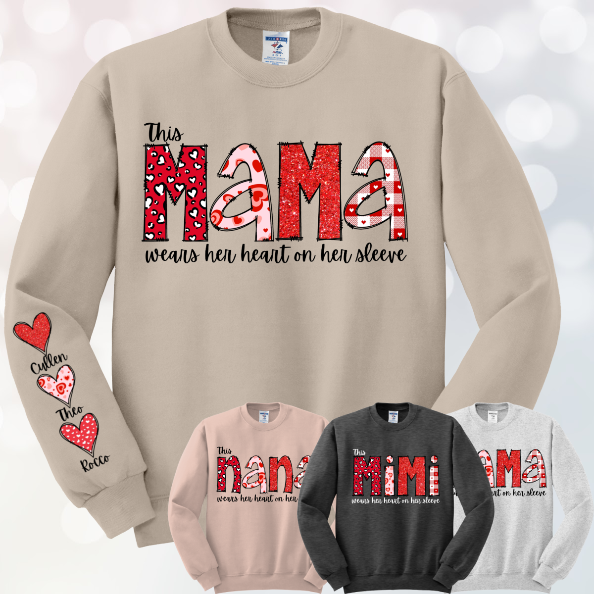 This Mama Wears Her Heart On Her Sleeve Crewneck - Customizable!