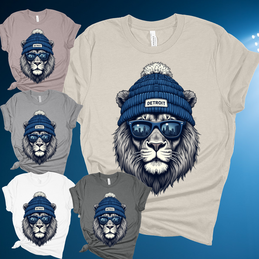 Detroit Football - Lion with Beanie Hat - Bella Canvas Tee (Adult)
