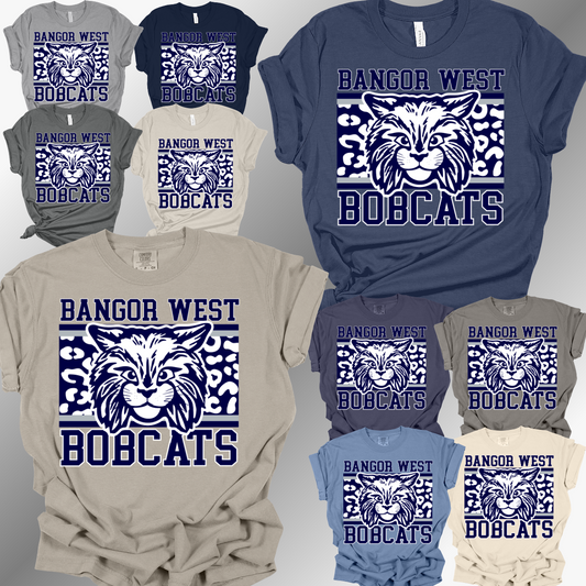 Bangor JR. Bobcats - Leopard Background Tee YOU CHOOSE THE SCHOOL (Adult)
