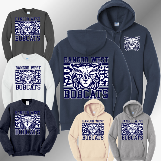Bangor JR. Bobcats - Leopard Background Basic Sweatshirt YOU CHOOSE THE SCHOOL (Adult)