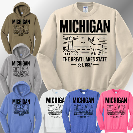 Michigan - Deer/Lighthouse Front Design Basic Sweatshirt (Adult)