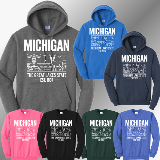 Michigan - Deer/Lighthouse Front Design Basic Sweatshirt (Adult)