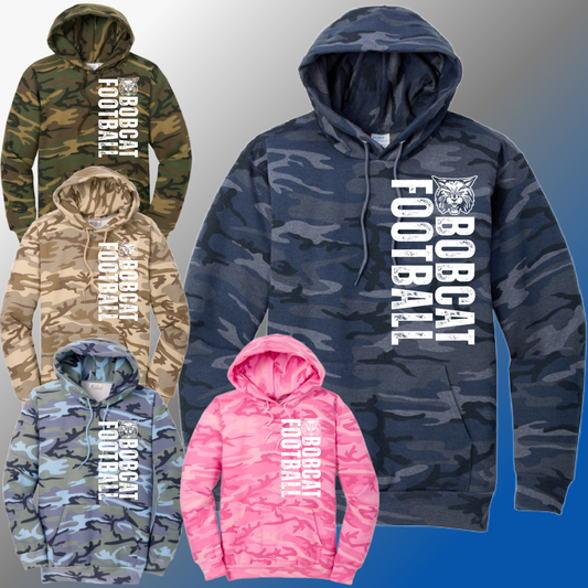 Bobcat Football - Vertical Distressed Camo Hoodie (Adult)