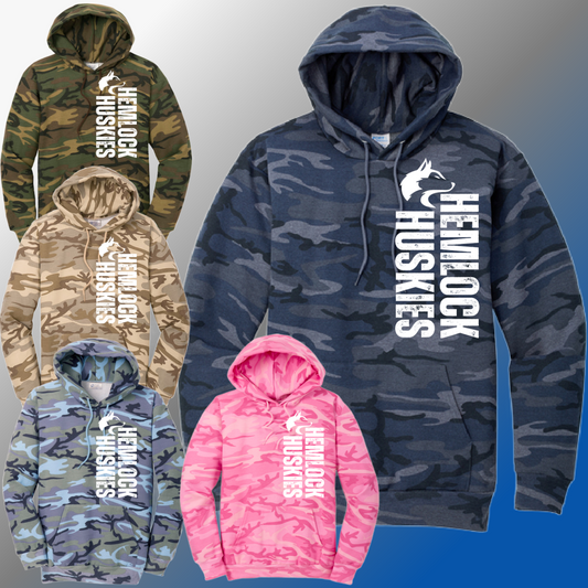 Hemlock Huskies - Distressed Vertical Football Camo Hoodie (Adult)