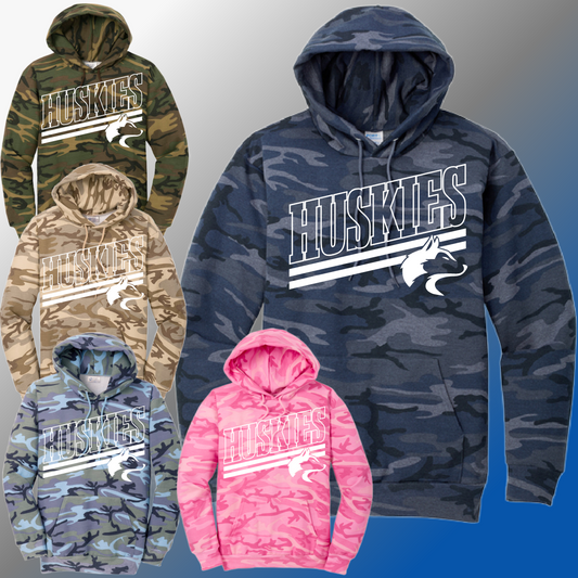 Hemlock Huskies - Angled Mascot Camo Hoodie (Adult)