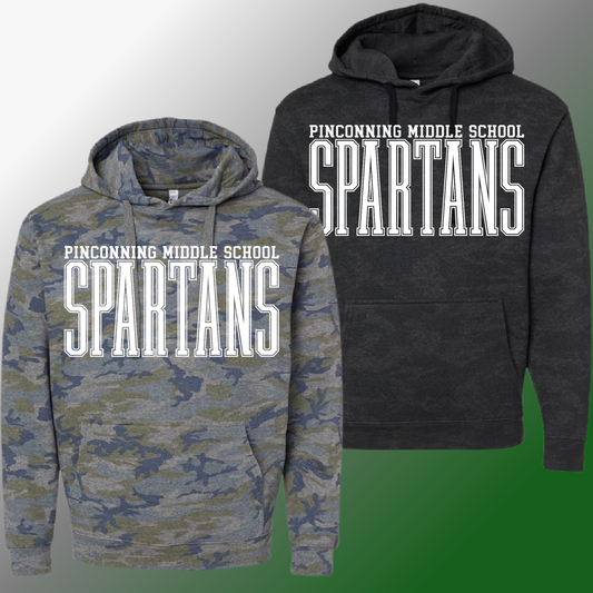 Pinconning Spartans - Middle School Tall Varsity Font  Camo Hoodie (Adult)