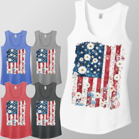American Flag Brushstroke with Flowers - Racerback Tank (Womens)