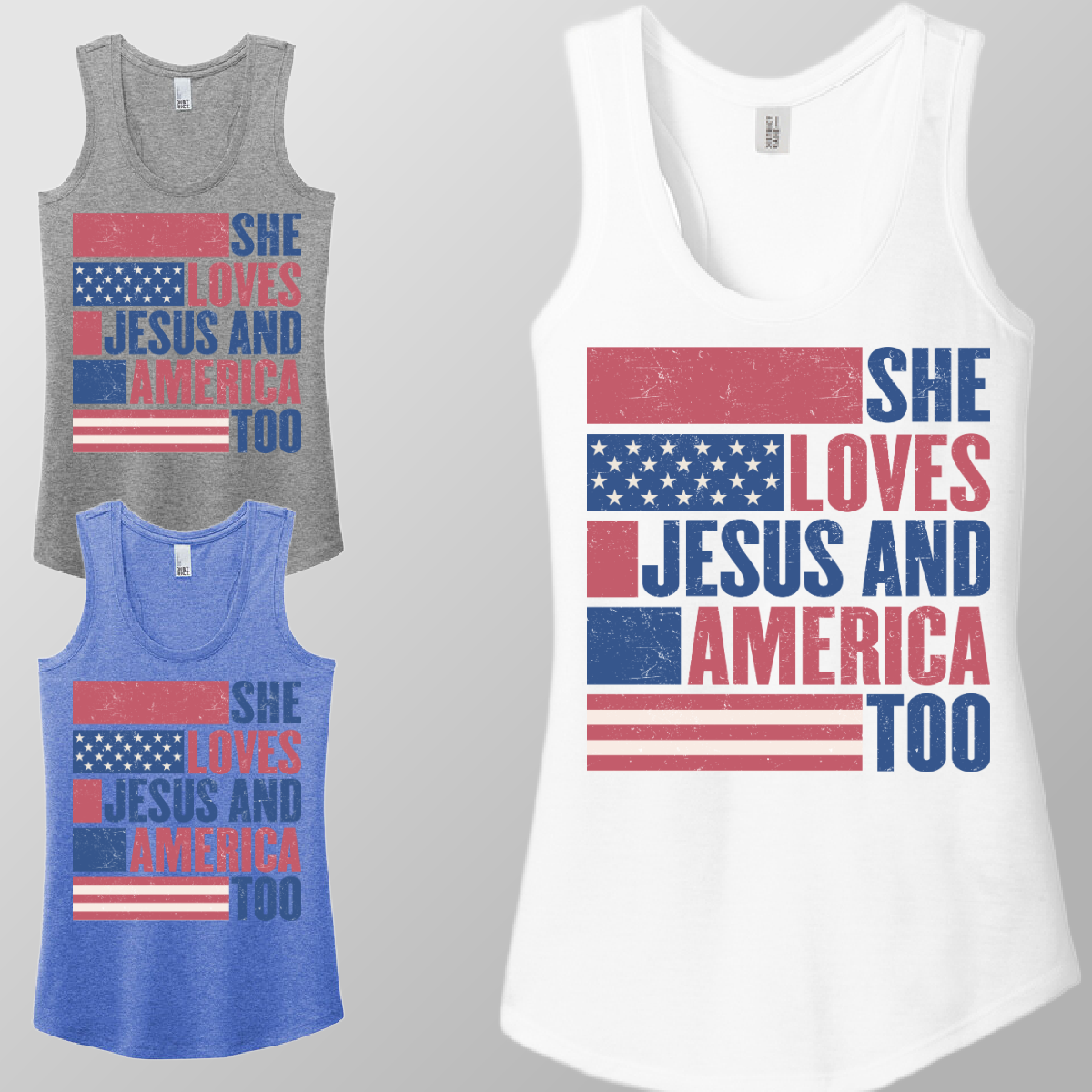 She Loves Jesus & America Too (Boxy) - Racerback Tank (Womens)