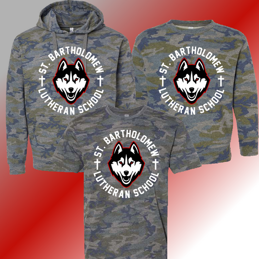 St. Bartholomew School -Round Mascot Camo Tee & Sweatshirt (Youth & Adult) - MADE TO ORDER/TWO WEEKS