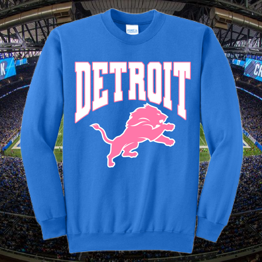 Detroit Lions Crewneck-Pink/White Ink (Blue) - Ready To Ship