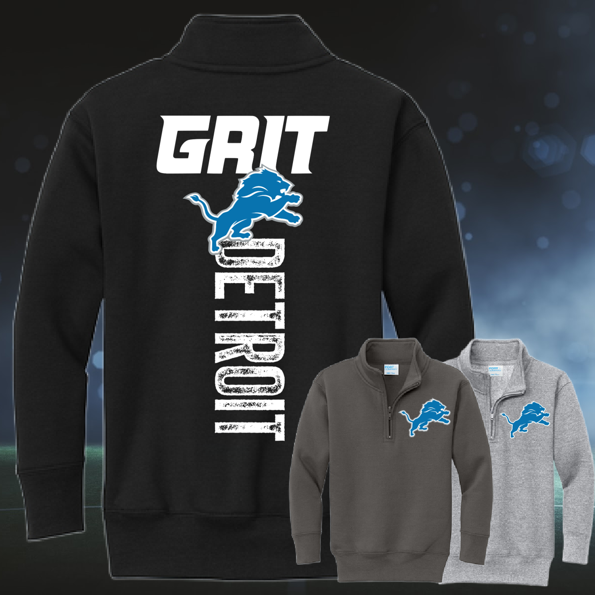 Lions - Detroit GRIT Quarter Zip Basic Sweatshirt-Back Design (Adult)